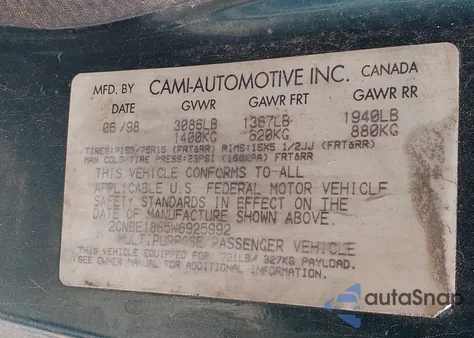 1998 Chevrolet Tracker Base Cmi из США, поврежденный, VIN 2CNBE1865W6925992